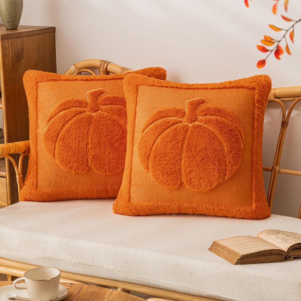 Pumpkin Fall Throw Pillow Covers 18"x18" Set of 2 Orange Embroidered Plush Soft